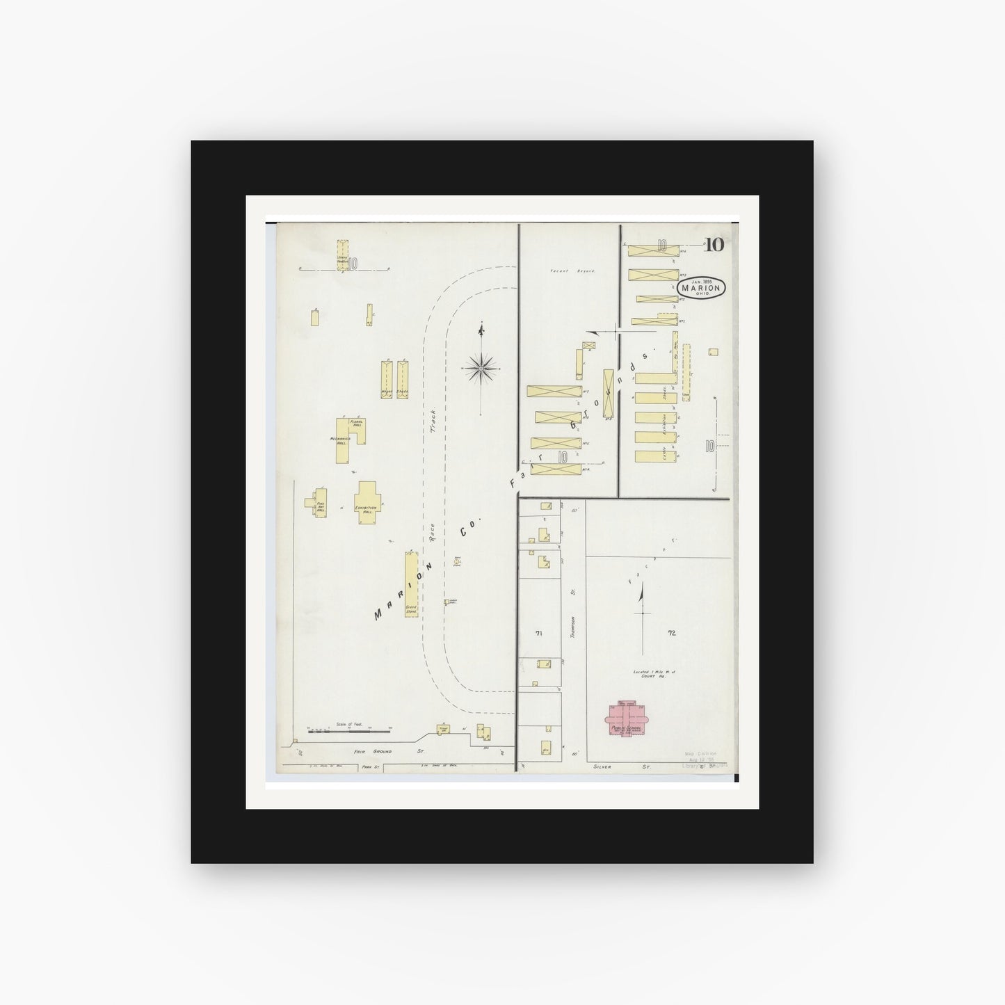 Old map wall art mockup — black gallery frame with white mat — Sanborn Fire Insurance Map from Marion, Marion County, Ohio (1895), Sheet #0010