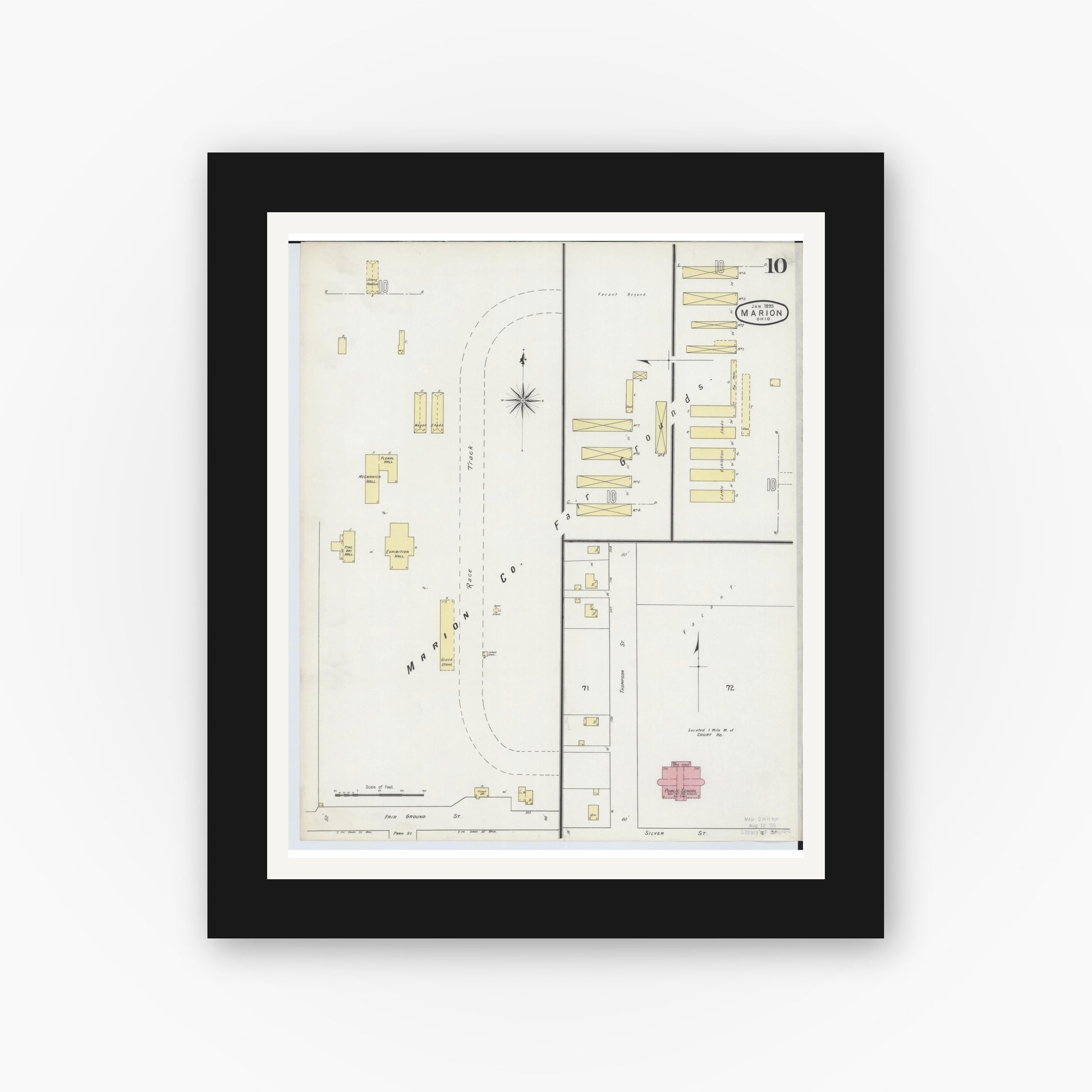 Old map wall art mockup — black gallery frame with white mat — Sanborn Fire Insurance Map from Marion, Marion County, Ohio (1895), Sheet #0010