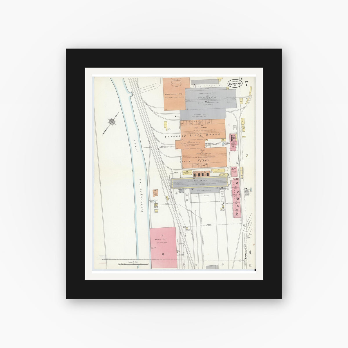 Old map wall art mockup — black gallery frame with white mat — Sanborn Fire Insurance Map from Burnham, Mifflin County, Pennsylvania (1910), Sheet #0007