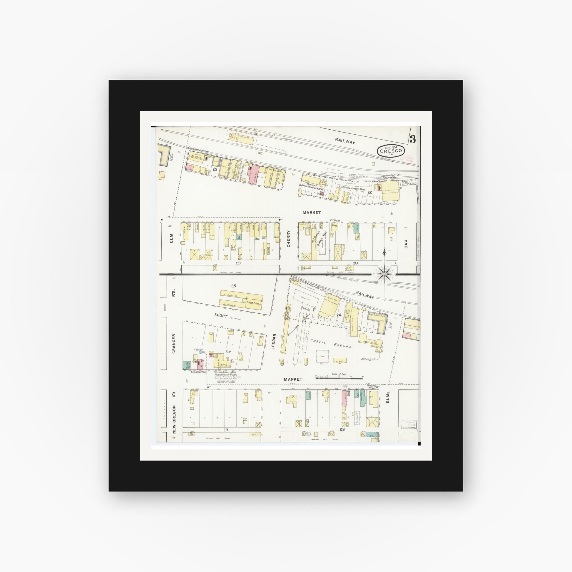Old map wall art mockup — black gallery frame with white mat — Sanborn Fire Insurance Map from Cresco, Howard County, Iowa (1894), Sheet #0003