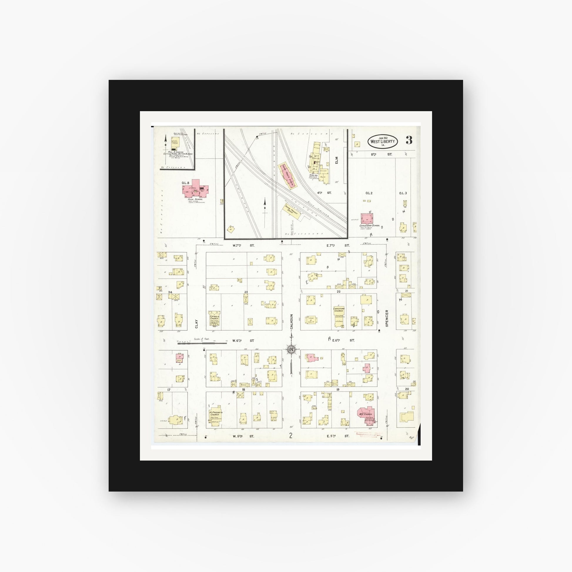 Old map wall art mockup — black gallery frame with white mat — Sanborn Fire Insurance Map from West Liberty, Muscatine County, Iowa (1912), Sheet #0003