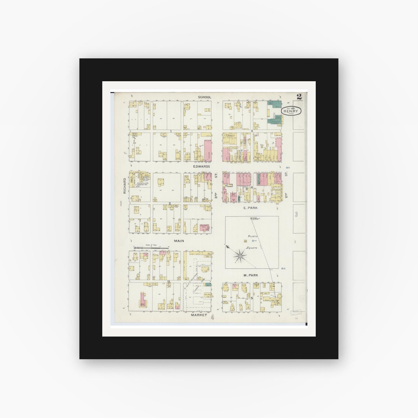 Old map wall art mockup — black gallery frame with white mat — Sanborn Fire Insurance Map from Henry, Marshall County, Illinois (1893), Sheet #0002