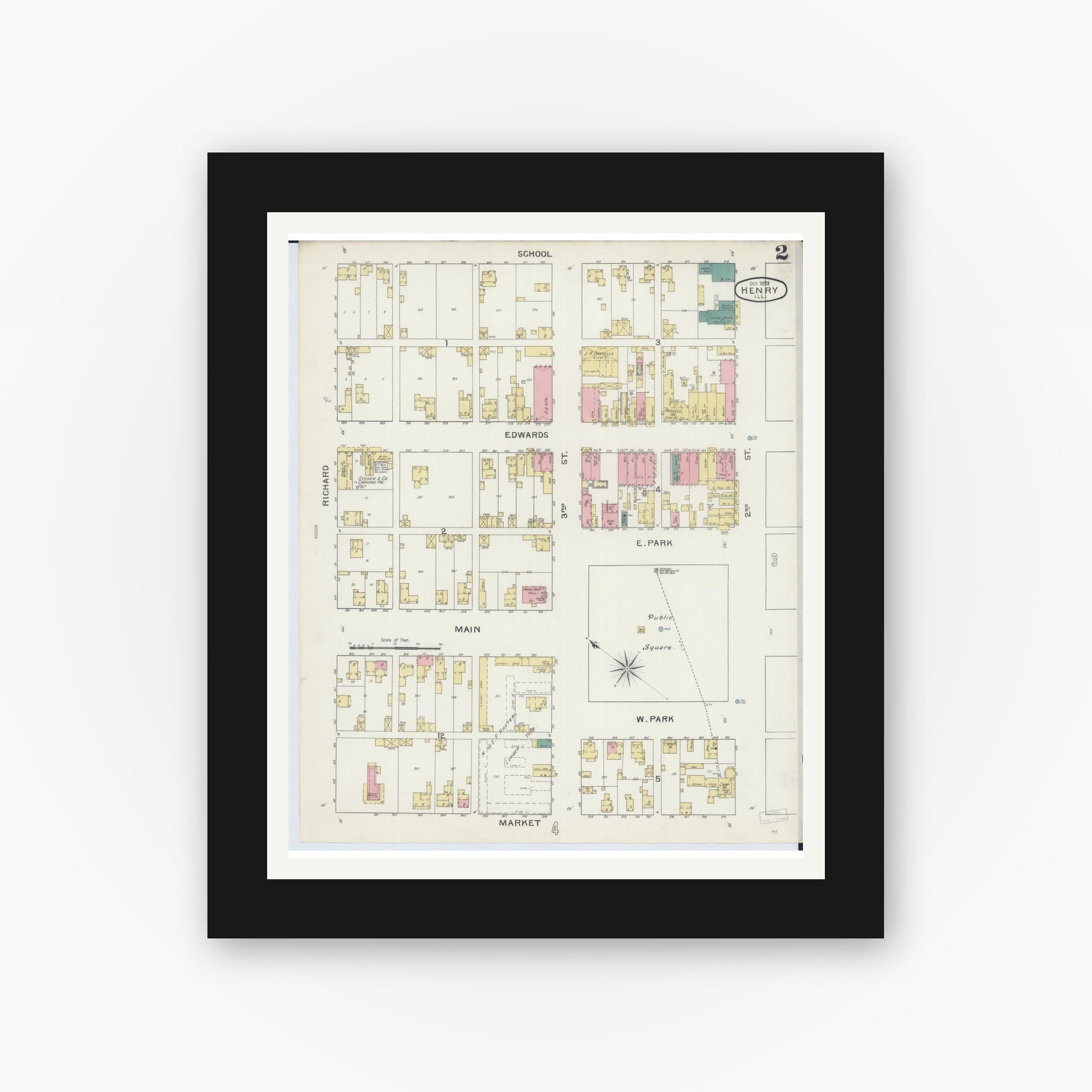 Old map wall art mockup — black gallery frame with white mat — Sanborn Fire Insurance Map from Henry, Marshall County, Illinois (1893), Sheet #0002