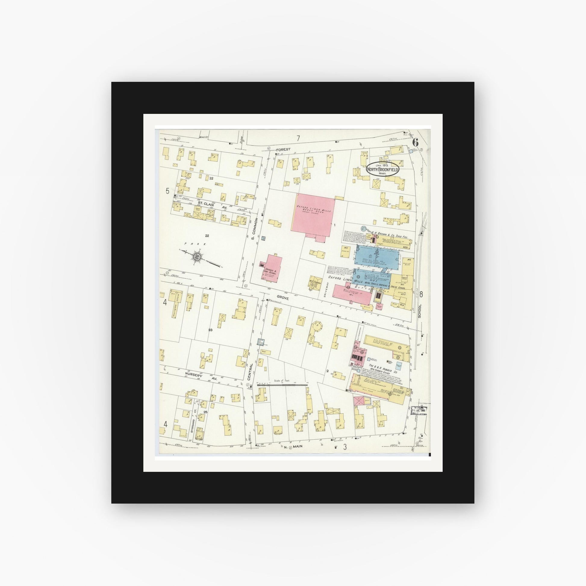 Old map wall art mockup — black gallery frame with white mat — Sanborn Fire Insurance Map from North Brookfield, Worcester County, Massachusetts (1913), Sheet #0006