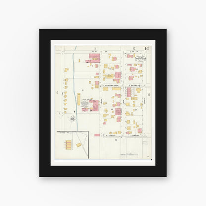 Old map wall art mockup — black gallery frame with white mat — Sanborn Fire Insurance Map from Winston-Salem, Forsyth County, North Carolina (1900), Sheet #0014