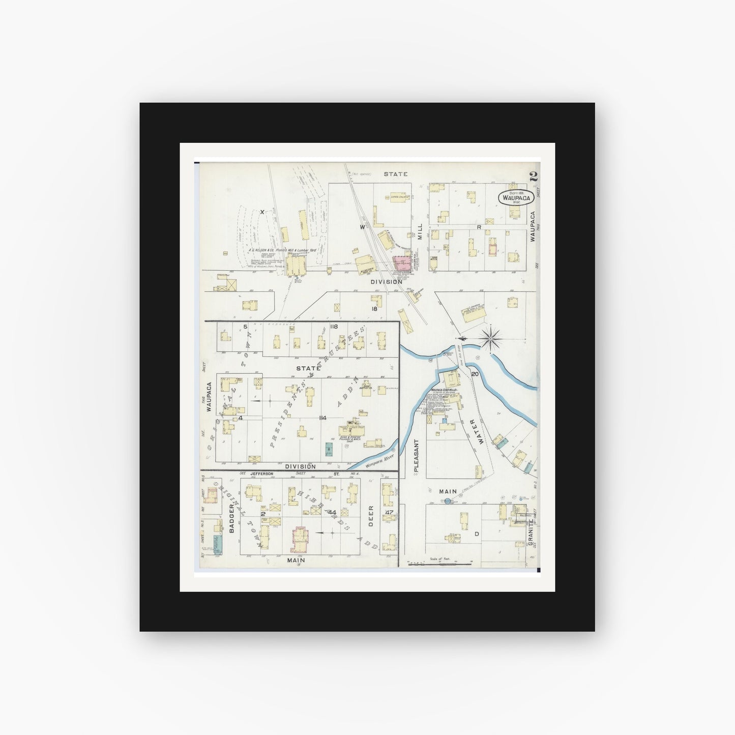 Old map wall art mockup — black gallery frame with white mat — Sanborn Fire Insurance Map from Waupaca, Waupaca County, Wisconsin (1891), Sheet #0002