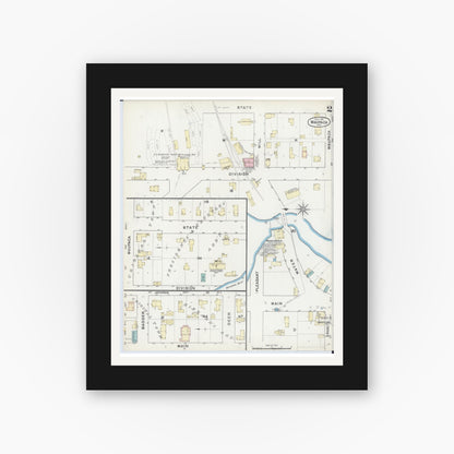 Old map wall art mockup — black gallery frame with white mat — Sanborn Fire Insurance Map from Waupaca, Waupaca County, Wisconsin (1891), Sheet #0002