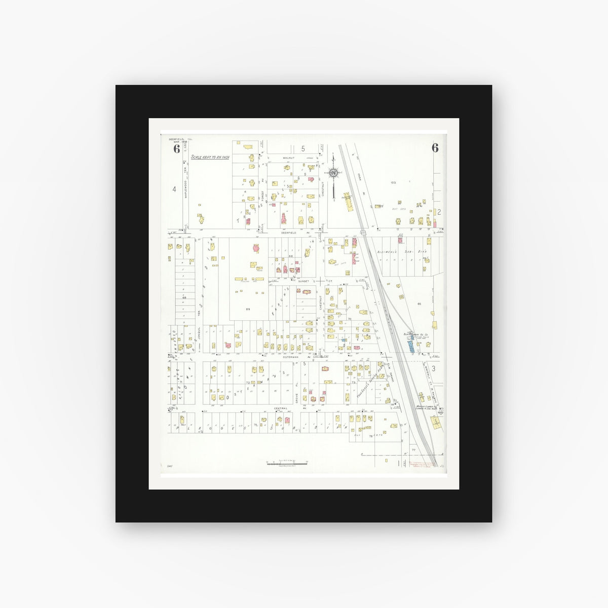 Old map wall art mockup — black gallery frame with white mat — Sanborn Fire Insurance Map from Deerfield, Lake County, Illinois (1935), Sheet #0006