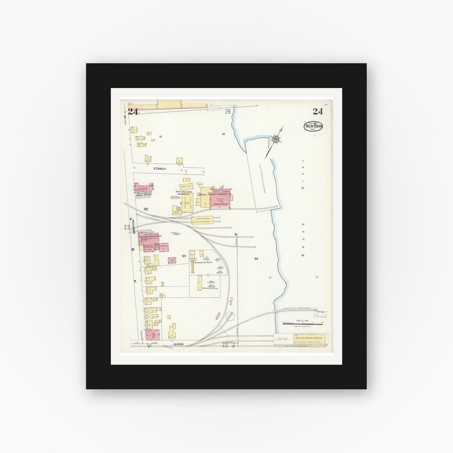 Old map wall art mockup — black gallery frame with white mat — Sanborn Fire Insurance Map from New Bern, Craven County, North Carolina (1924), Sheet #0024