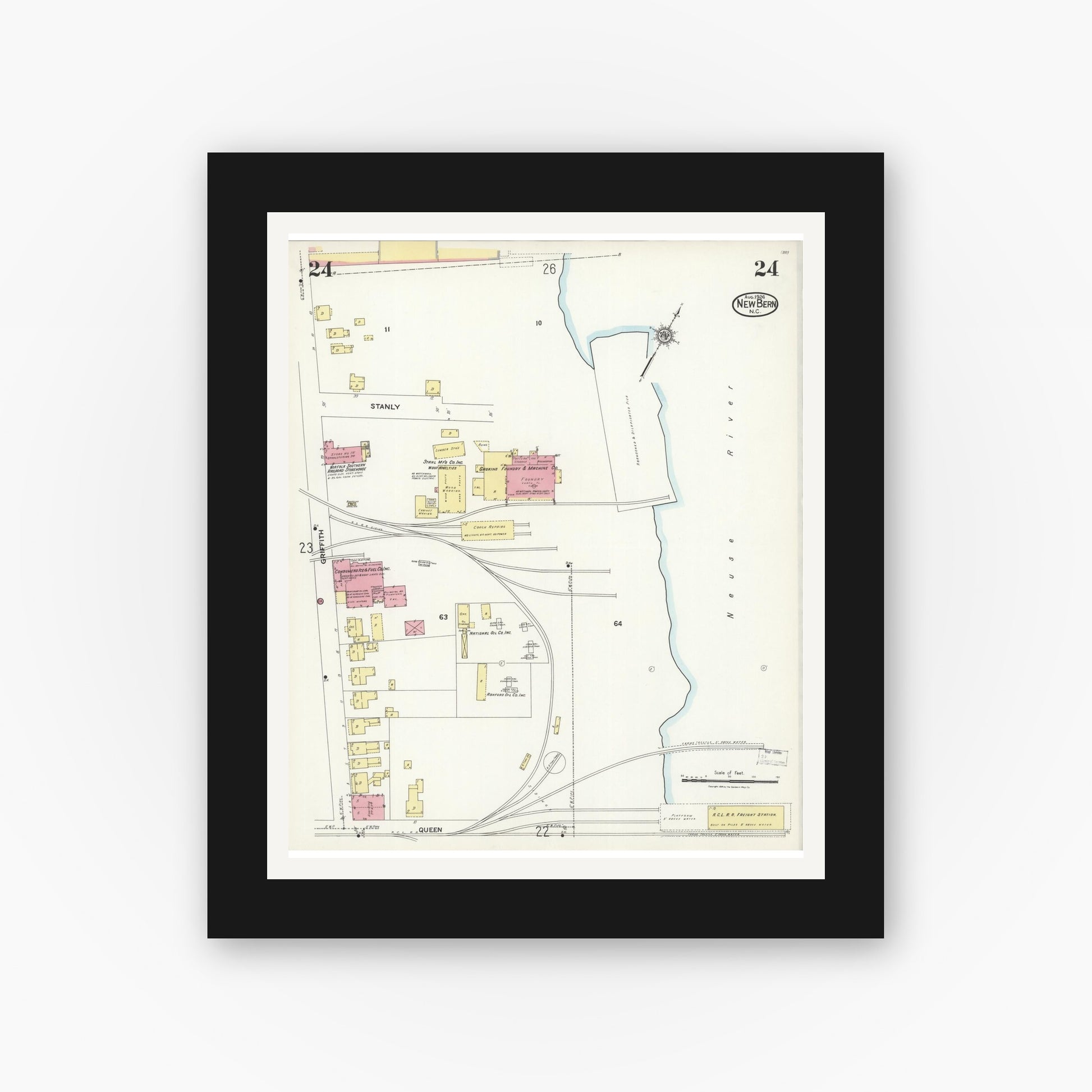 Old map wall art mockup — black gallery frame with white mat — Sanborn Fire Insurance Map from New Bern, Craven County, North Carolina (1924), Sheet #0024