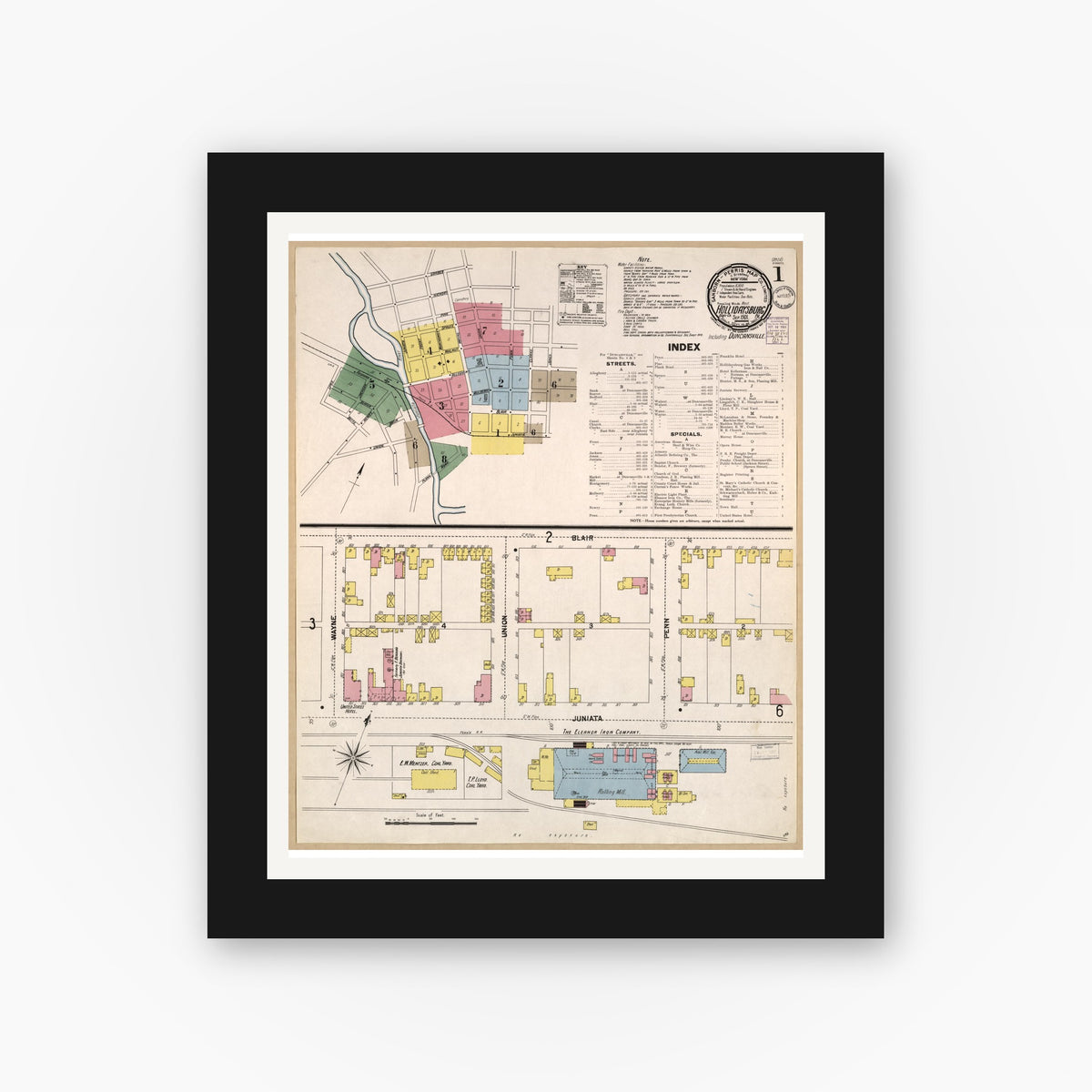 Old map wall art mockup — black gallery frame with white mat — Sanborn Fire Insurance Map from Hollidaysburg, Blair County, Pennsylvania (1901), Sheet #0001