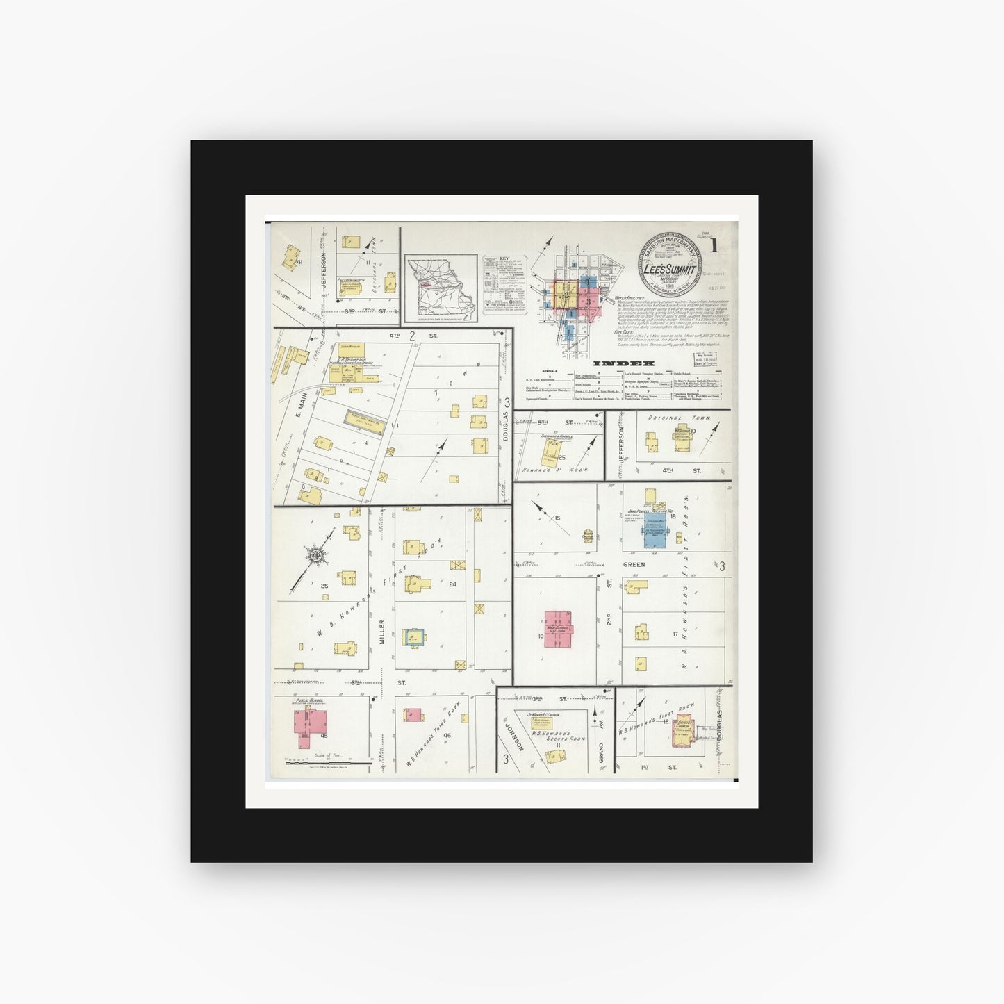 Old map wall art mockup — black gallery frame with white mat — Sanborn Fire Insurance Map from Lee's Summit, Jackson County, Missouri (1918) - Complete Map Set