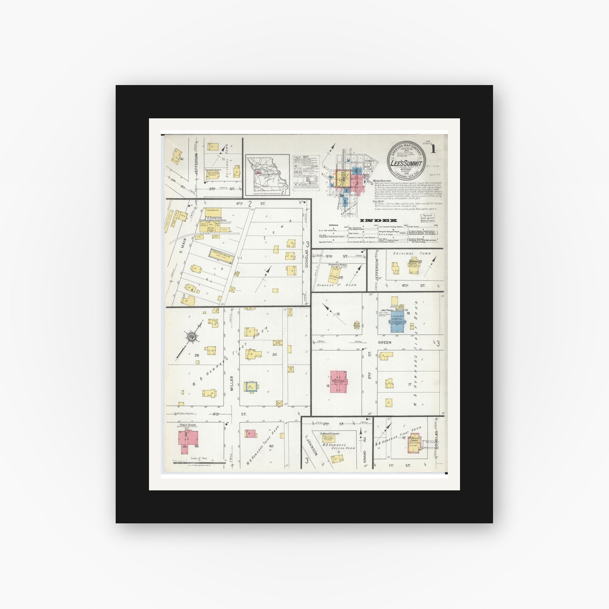 Old map wall art mockup — black gallery frame with white mat — Sanborn Fire Insurance Map from Lee's Summit, Jackson County, Missouri (1918) - Complete Map Set