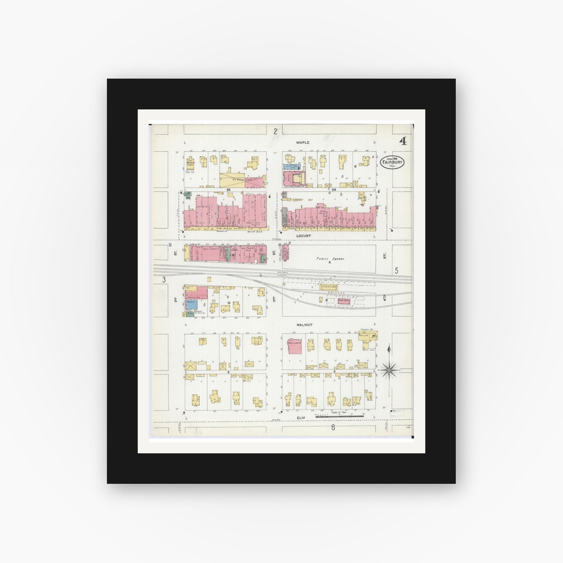 Old map wall art mockup — black gallery frame with white mat — Sanborn Fire Insurance Map from Fairbury, Livingston County, Illinois (1906), Sheet #0004