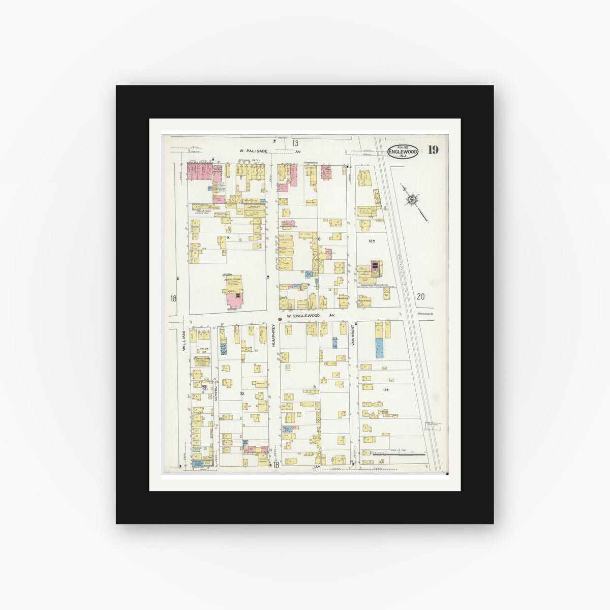 Old map wall art mockup — black gallery frame with white mat — Sanborn Fire Insurance Map from Englewood, Bergen County, New Jersey (1915), Sheet #0019