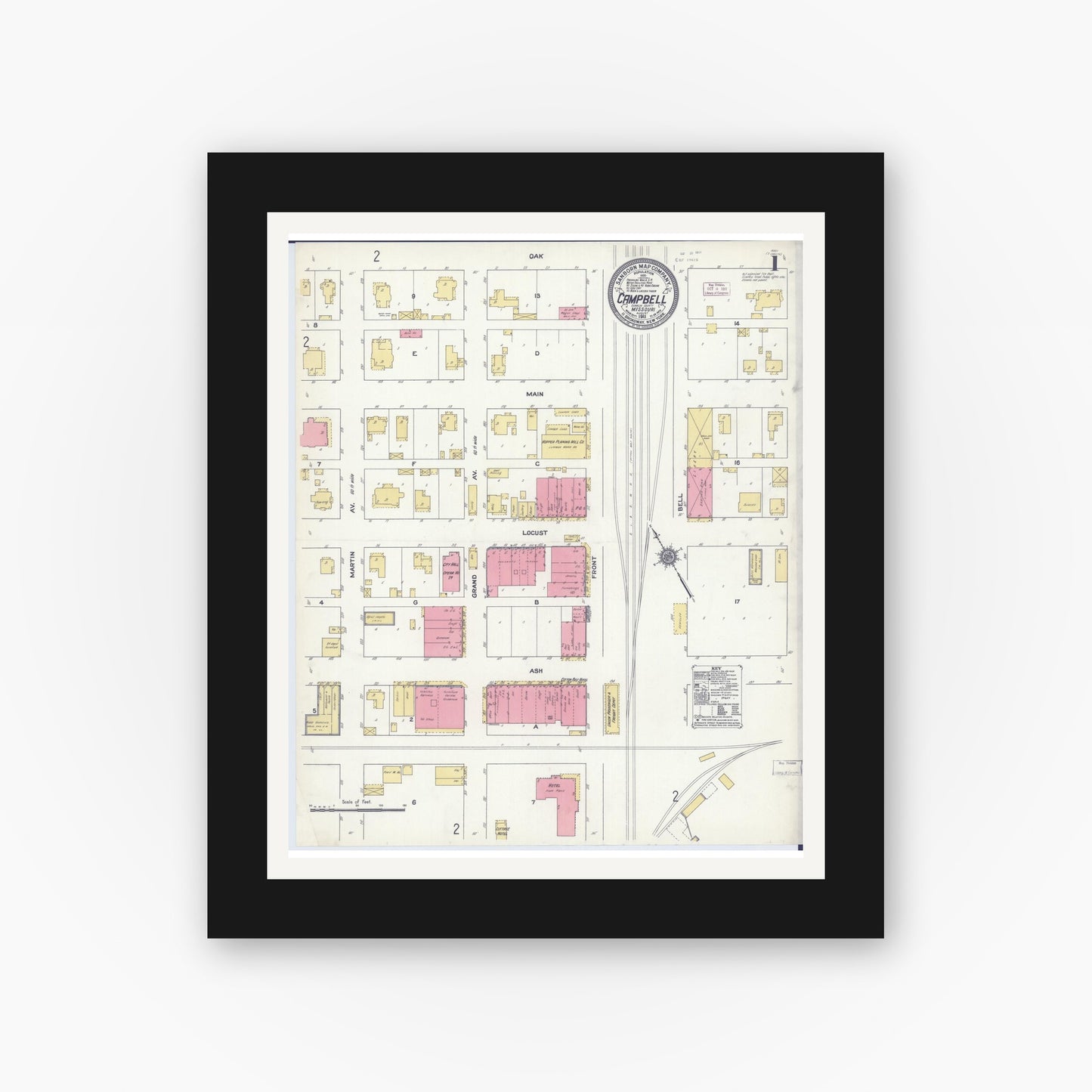 Old map wall art mockup — black gallery frame with white mat — Sanborn Fire Insurance Map from Campbell, Dunklin County, Missouri (1911) - Complete Map Set
