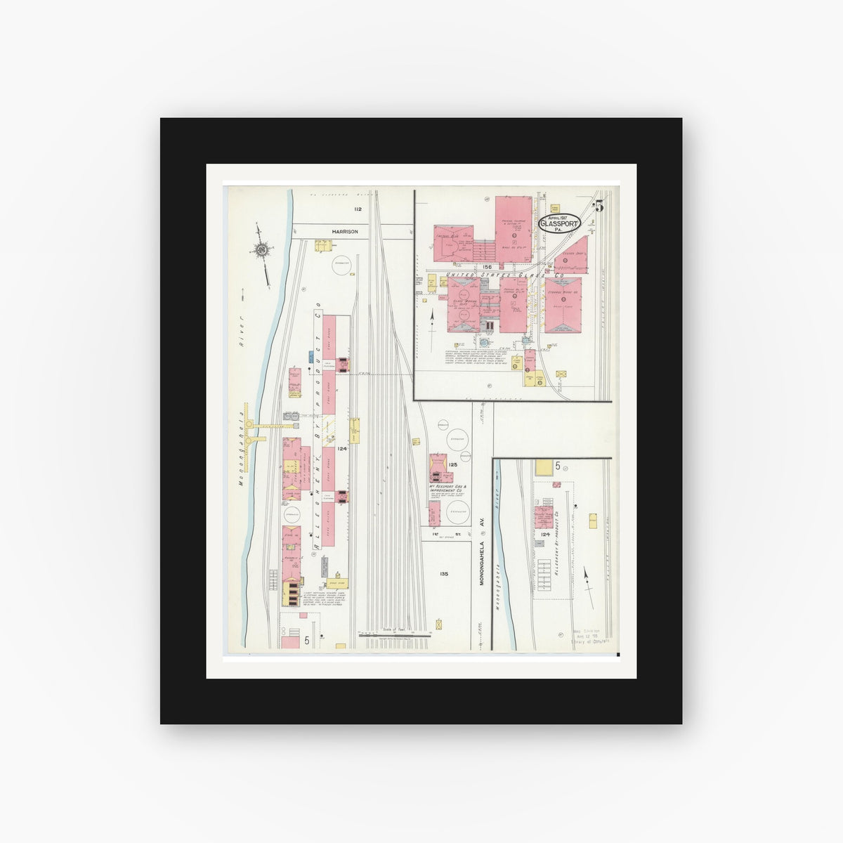 Old map wall art mockup — black gallery frame with white mat — Sanborn Fire Insurance Map from Glassport, Allegheny County, Pennsylvania (1917), Sheet #0005
