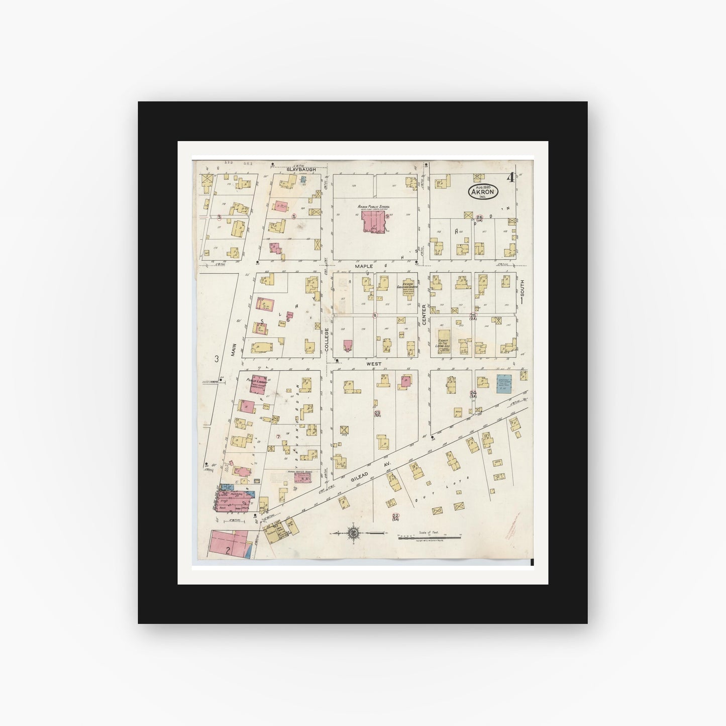 Old map wall art mockup — black gallery frame with white mat — Sanborn Fire Insurance Map from Akron, Fulton County, Indiana (1932), Sheet #0004