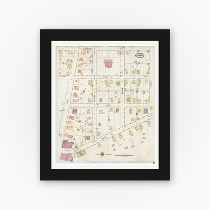 Old map wall art mockup — black gallery frame with white mat — Sanborn Fire Insurance Map from Akron, Fulton County, Indiana (1932), Sheet #0004