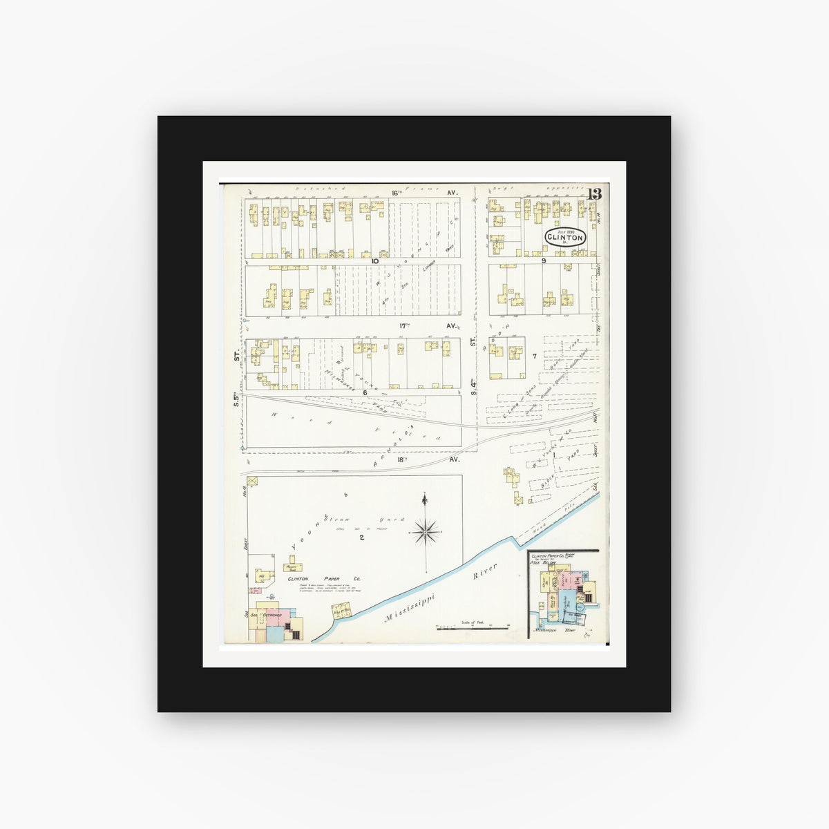 Old map wall art mockup — black gallery frame with white mat — Sanborn Fire Insurance Map from Clinton, Clinton County, Iowa (1890), Sheet #0013