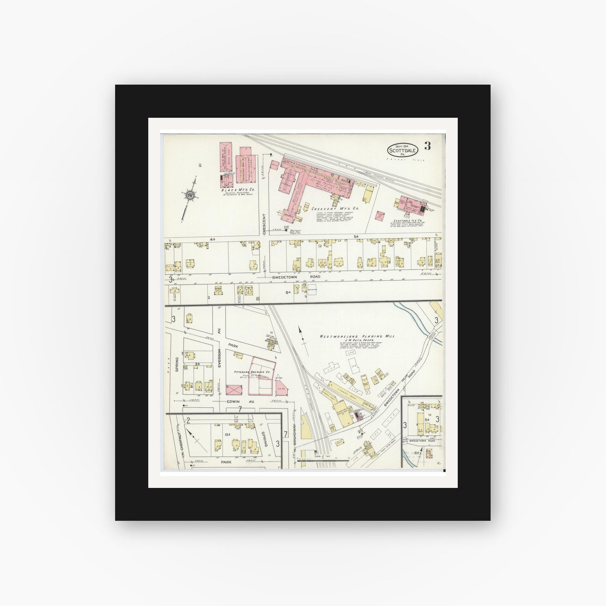 Old map wall art mockup — black gallery frame with white mat — Sanborn Fire Insurance Map from Scottdale, Westmoreland County, Pennsylvania (1914), Sheet #0003