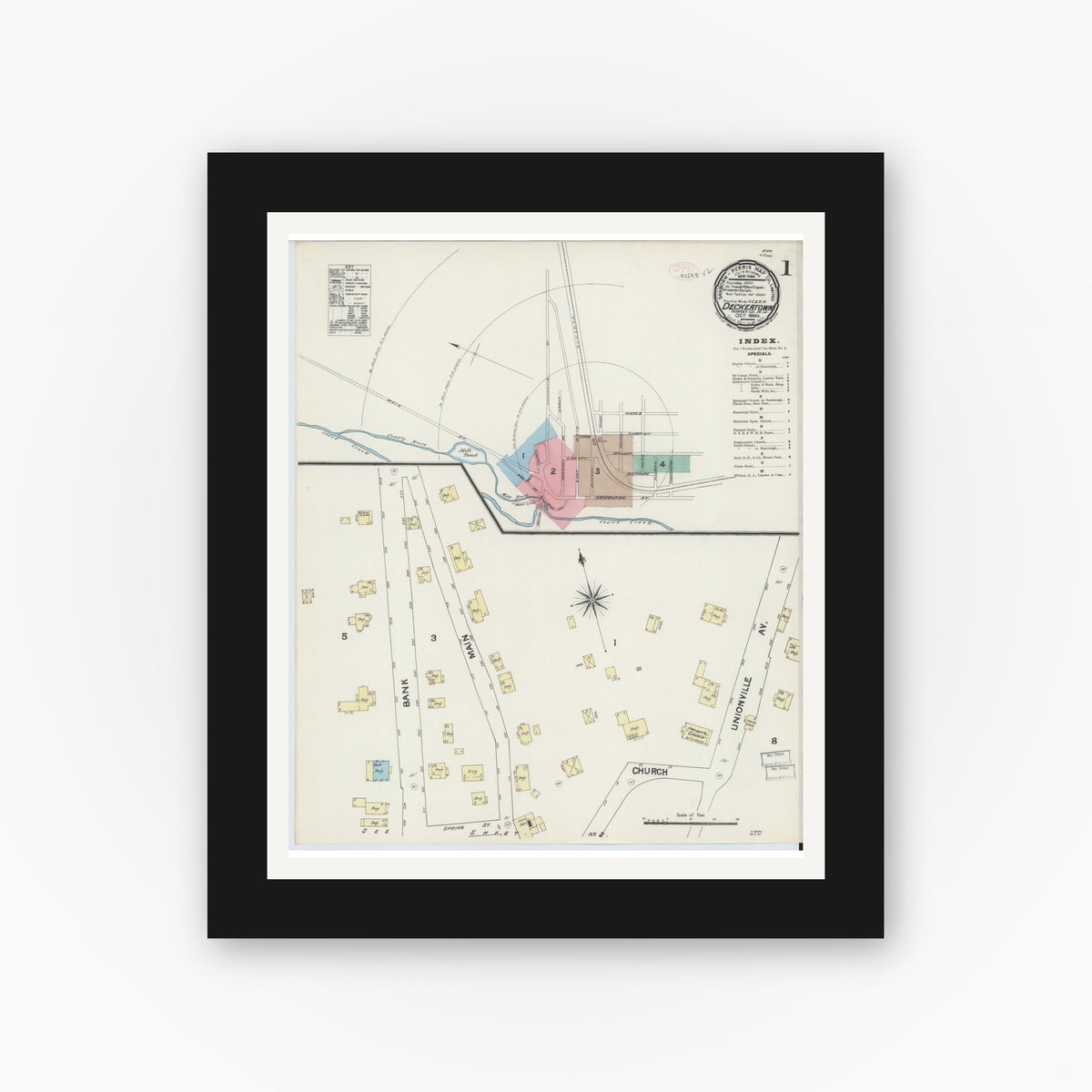 Old map wall art mockup — black gallery frame with white mat — Sanborn Fire Insurance Map from Deckertown, Sussex County, New Jersey (1890), Sheet #0001