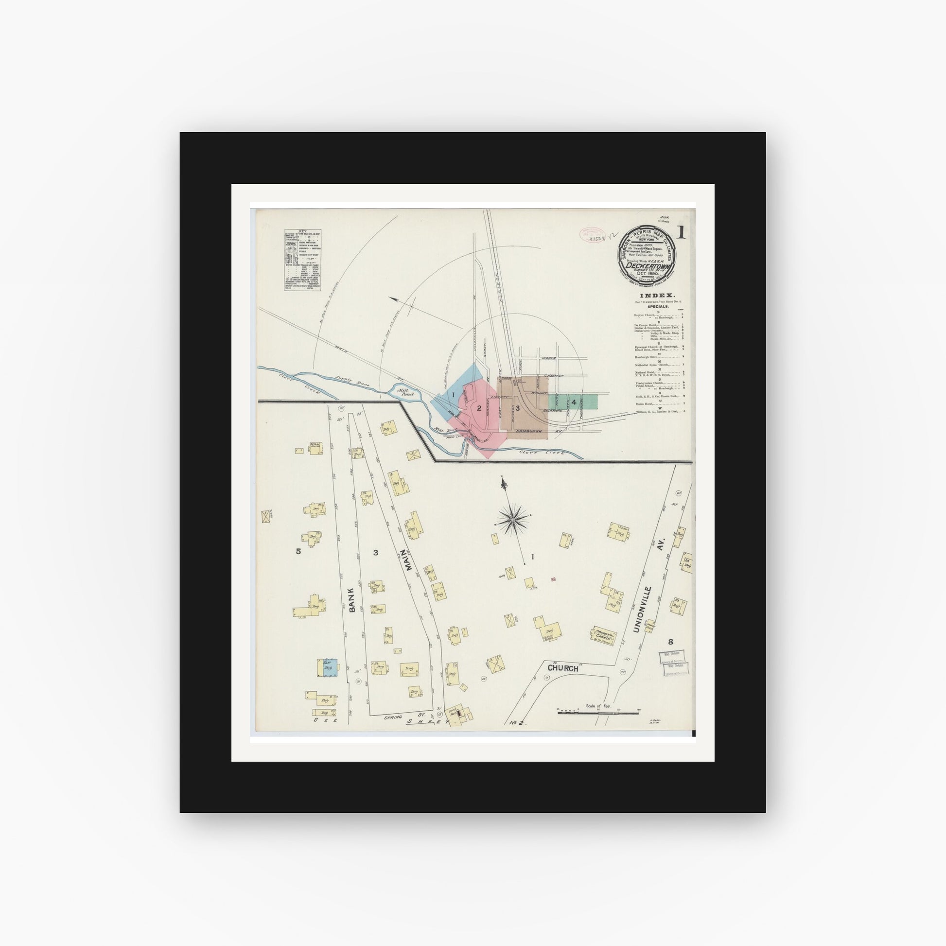 Old map wall art mockup — black gallery frame with white mat — Sanborn Fire Insurance Map from Deckertown, Sussex County, New Jersey (1890), Sheet #0001