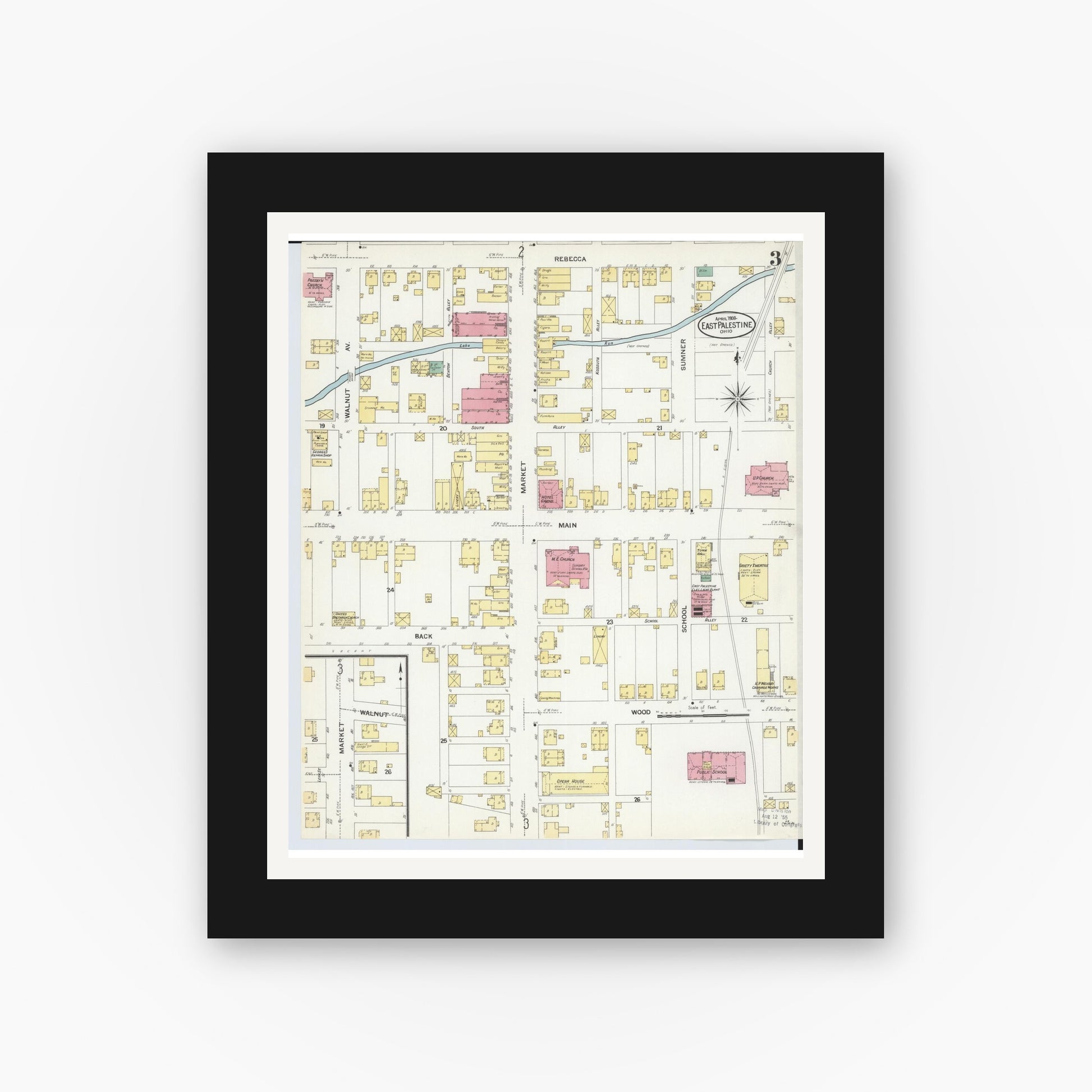 Old map wall art mockup — black gallery frame with white mat — Sanborn Fire Insurance Map from East Palestine, Columbiana County, Ohio (1908), Sheet #0003