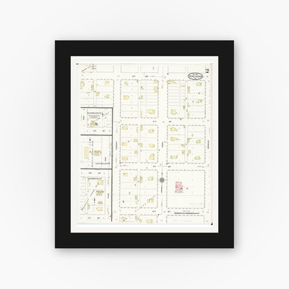Old map wall art mockup — black gallery frame with white mat — Sanborn Fire Insurance Map from Ocheyedan, Osceola County, Iowa (1914), Sheet #0002