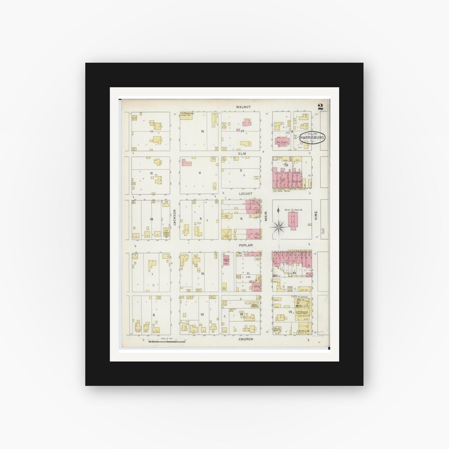 Old map wall art mockup — black gallery frame with white mat — Sanborn Fire Insurance Map from Harrisburg, Saline County, Illinois (1894), Sheet #0002