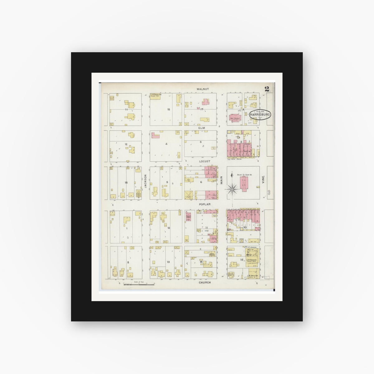 Old map wall art mockup — black gallery frame with white mat — Sanborn Fire Insurance Map from Harrisburg, Saline County, Illinois (1894), Sheet #0002