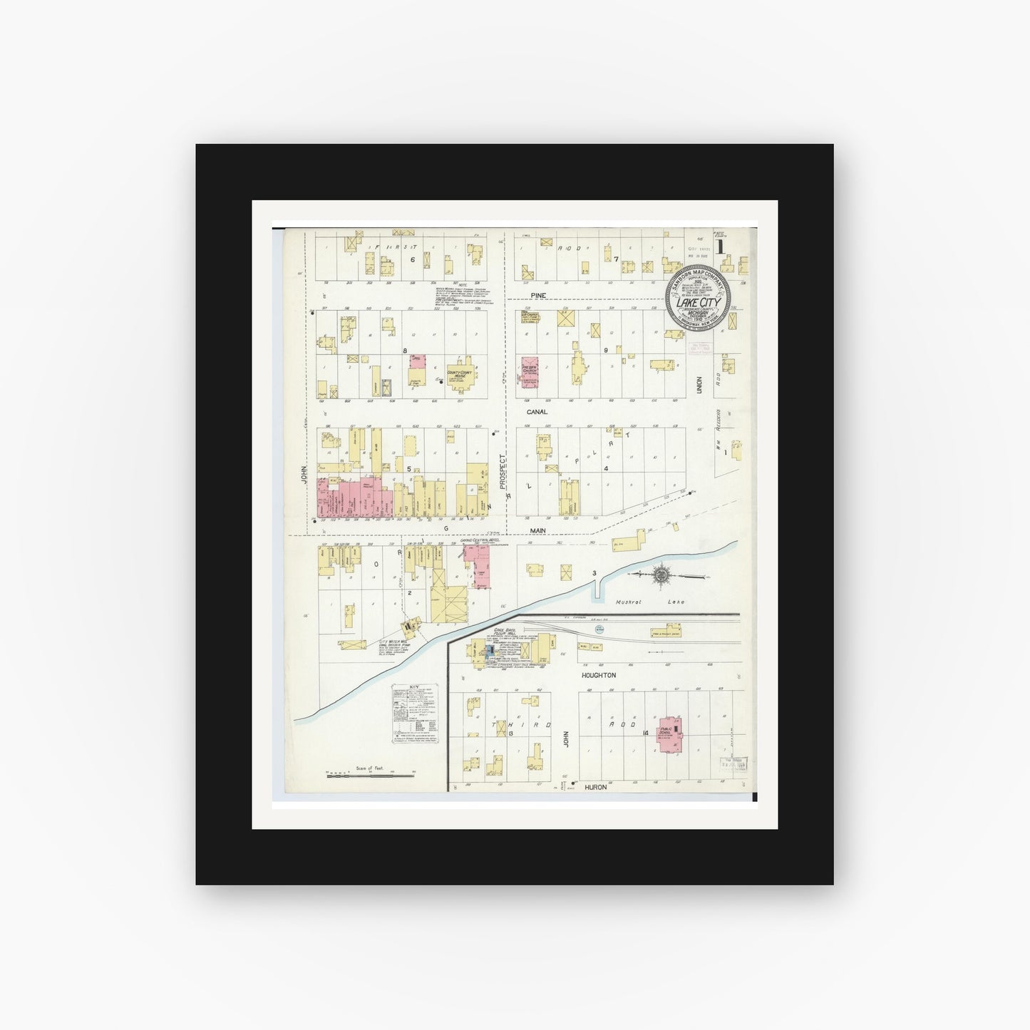 Old map wall art mockup — black gallery frame with white mat — Sanborn Fire Insurance Map from Lake City, Missaukee County, Michigan (1910) - Complete Map Set