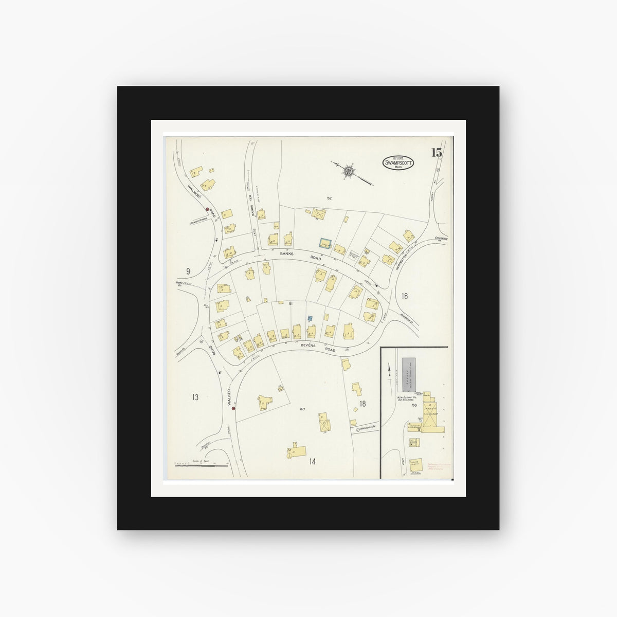 Old map wall art mockup — black gallery frame with white mat — Sanborn Fire Insurance Map from Swampscott, Essex County, Massachusetts (1913), Sheet #0015