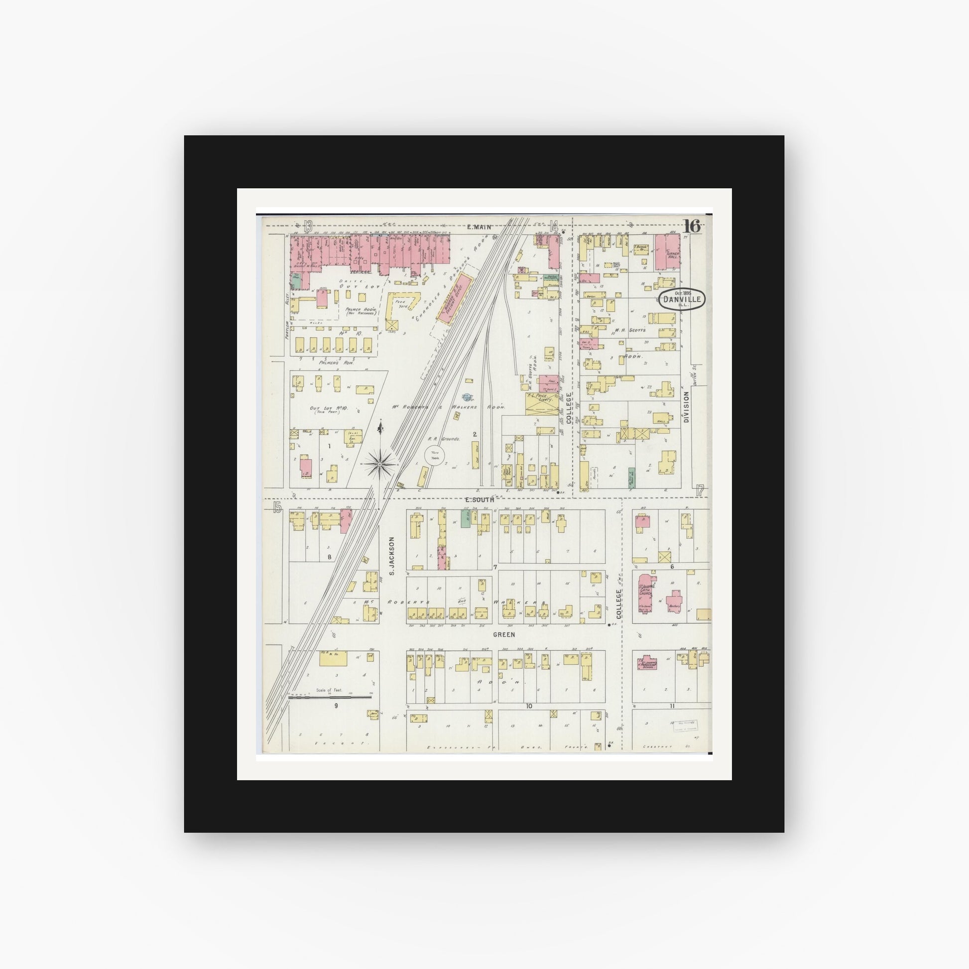 Old map wall art mockup — black gallery frame with white mat — Sanborn Fire Insurance Map from Danville, Vermilion County, Illinois (1895), Sheet #0016