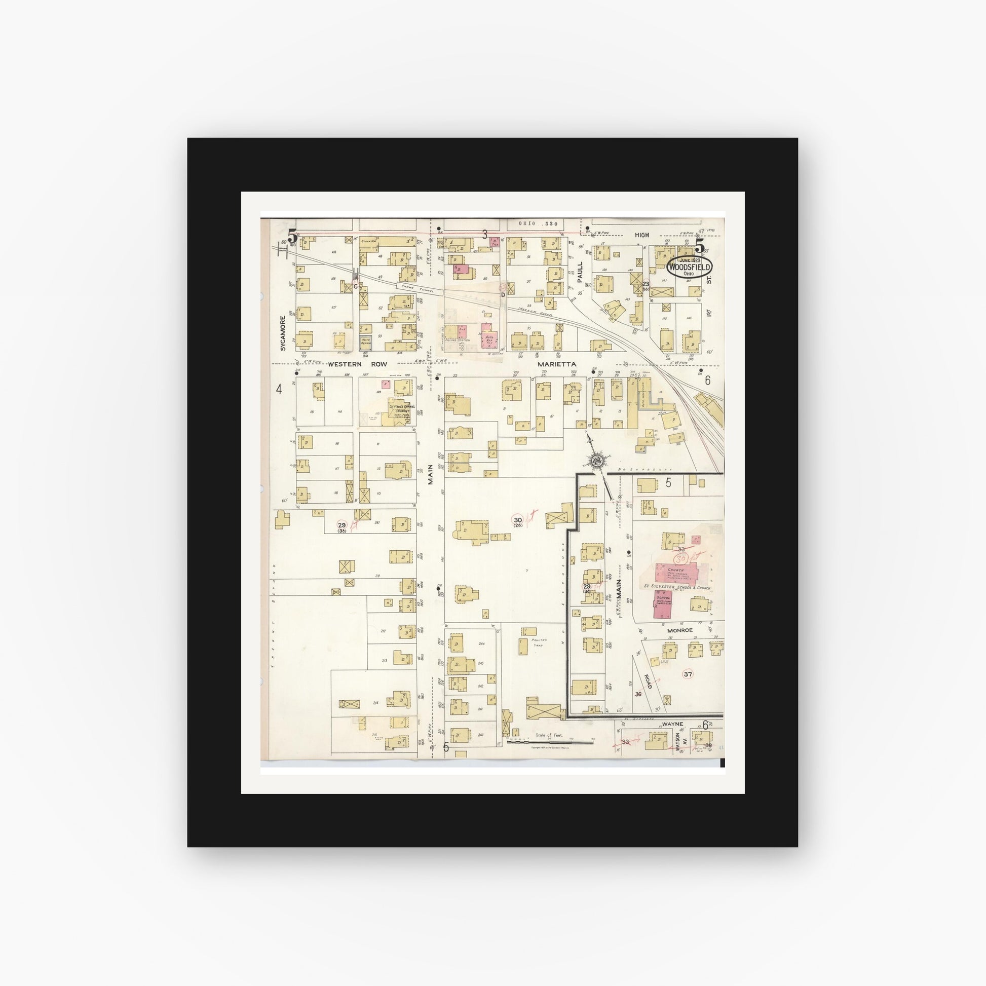Old map wall art mockup — black gallery frame with white mat — Sanborn Fire Insurance Map from Woodsfield, Monroe County, Ohio (1949), Sheet #0005