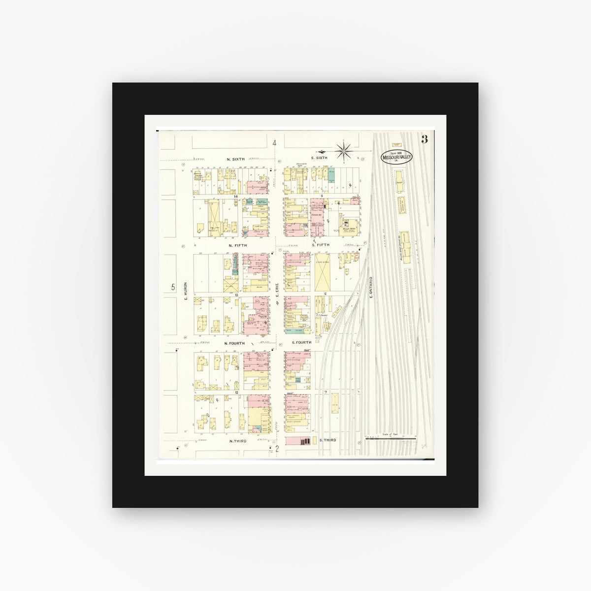 Old map wall art mockup — black gallery frame with white mat — Sanborn Fire Insurance Map from Missouri Valley, Harrison County, Iowa (1908), Sheet #0003