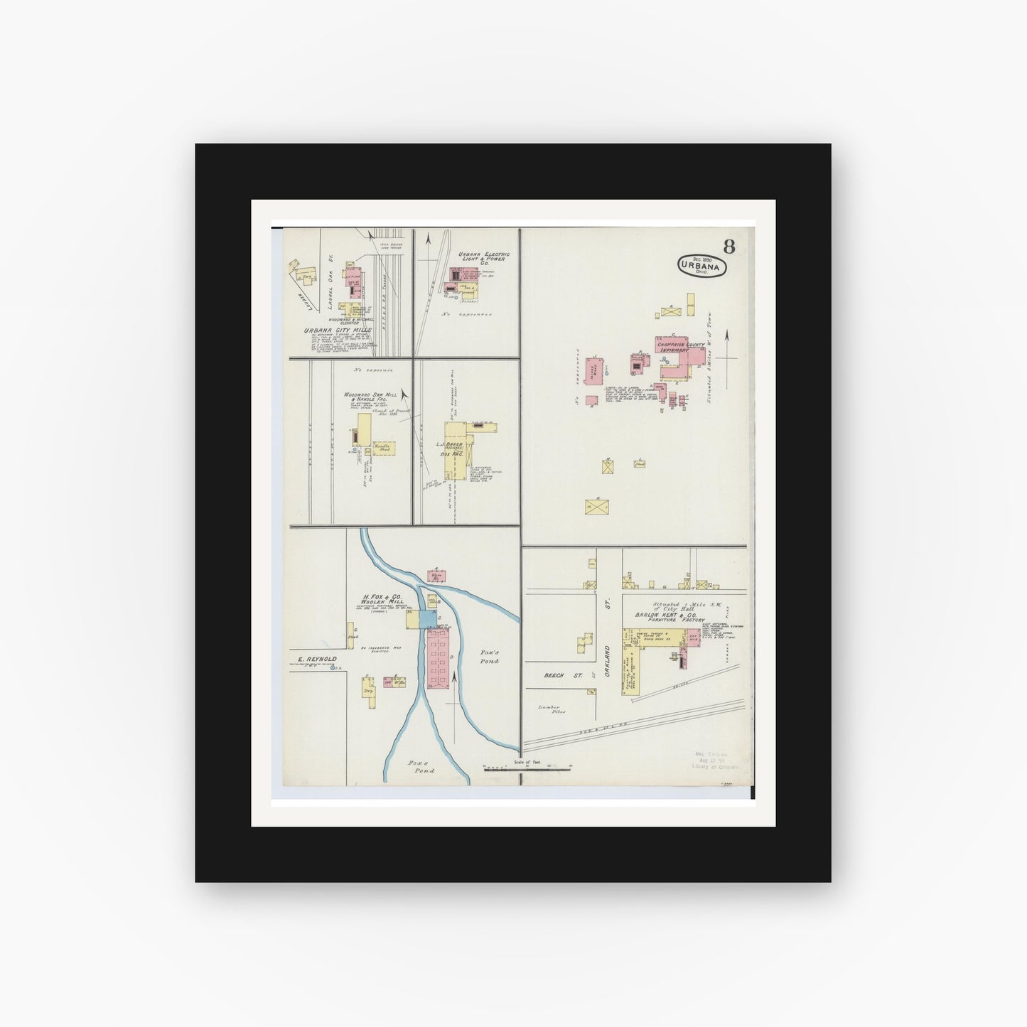 Old map wall art mockup — black gallery frame with white mat — Sanborn Fire Insurance Map from Urbana, Champaign County, Ohio (1890), Sheet #0008