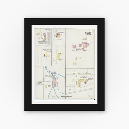 Old map wall art mockup — black gallery frame with white mat — Sanborn Fire Insurance Map from Urbana, Champaign County, Ohio (1890), Sheet #0008