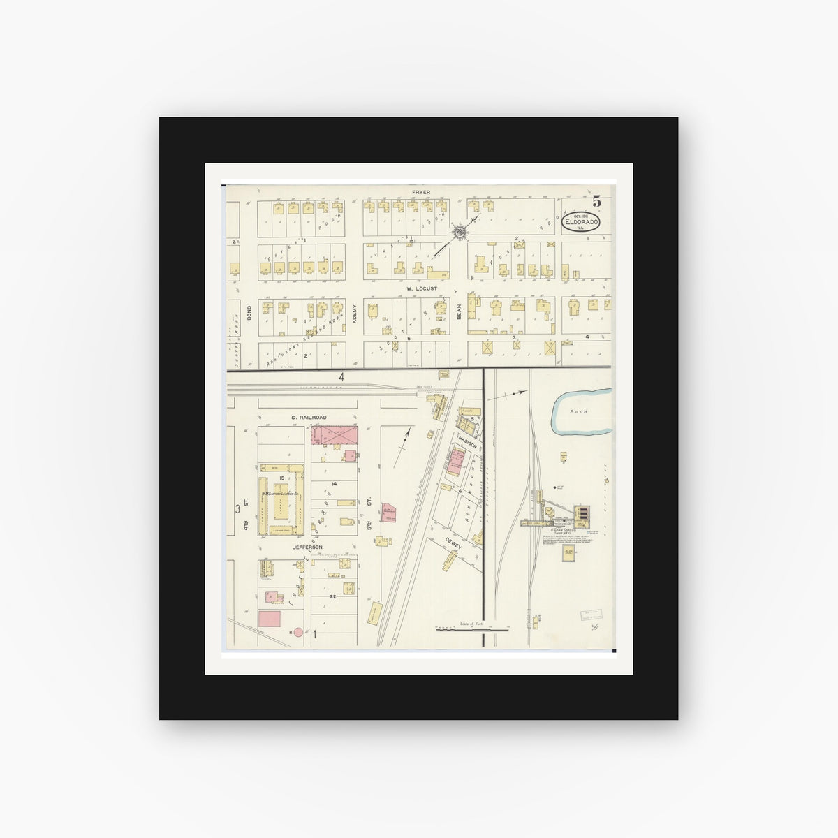 Old map wall art mockup — black gallery frame with white mat — Sanborn Fire Insurance Map from Eldorado, Saline County, Illinois (1911), Sheet #0005