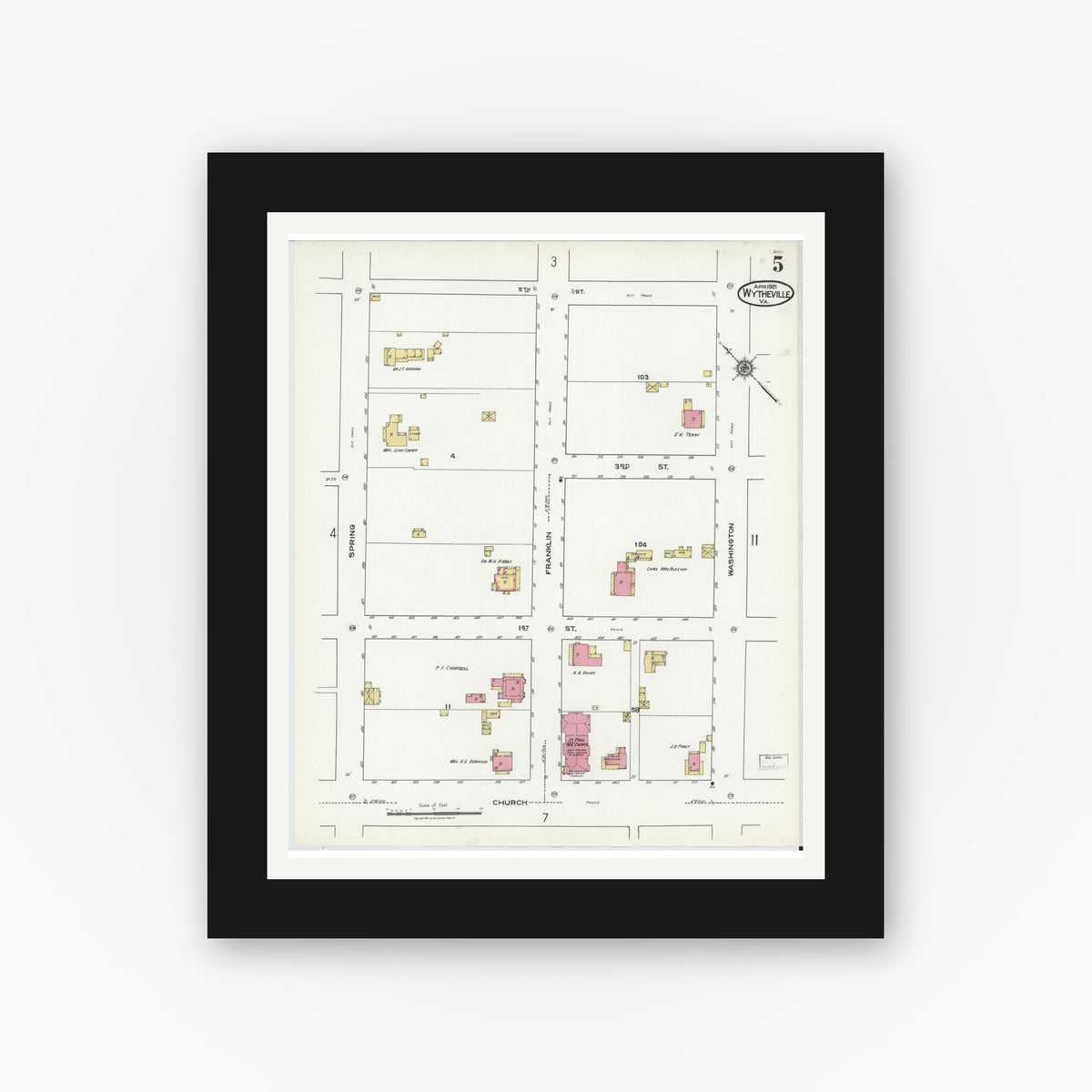 Old map wall art mockup — black gallery frame with white mat — Sanborn Fire Insurance Map from Wytheville, Wythe County, Virginia (1921), Sheet #0005