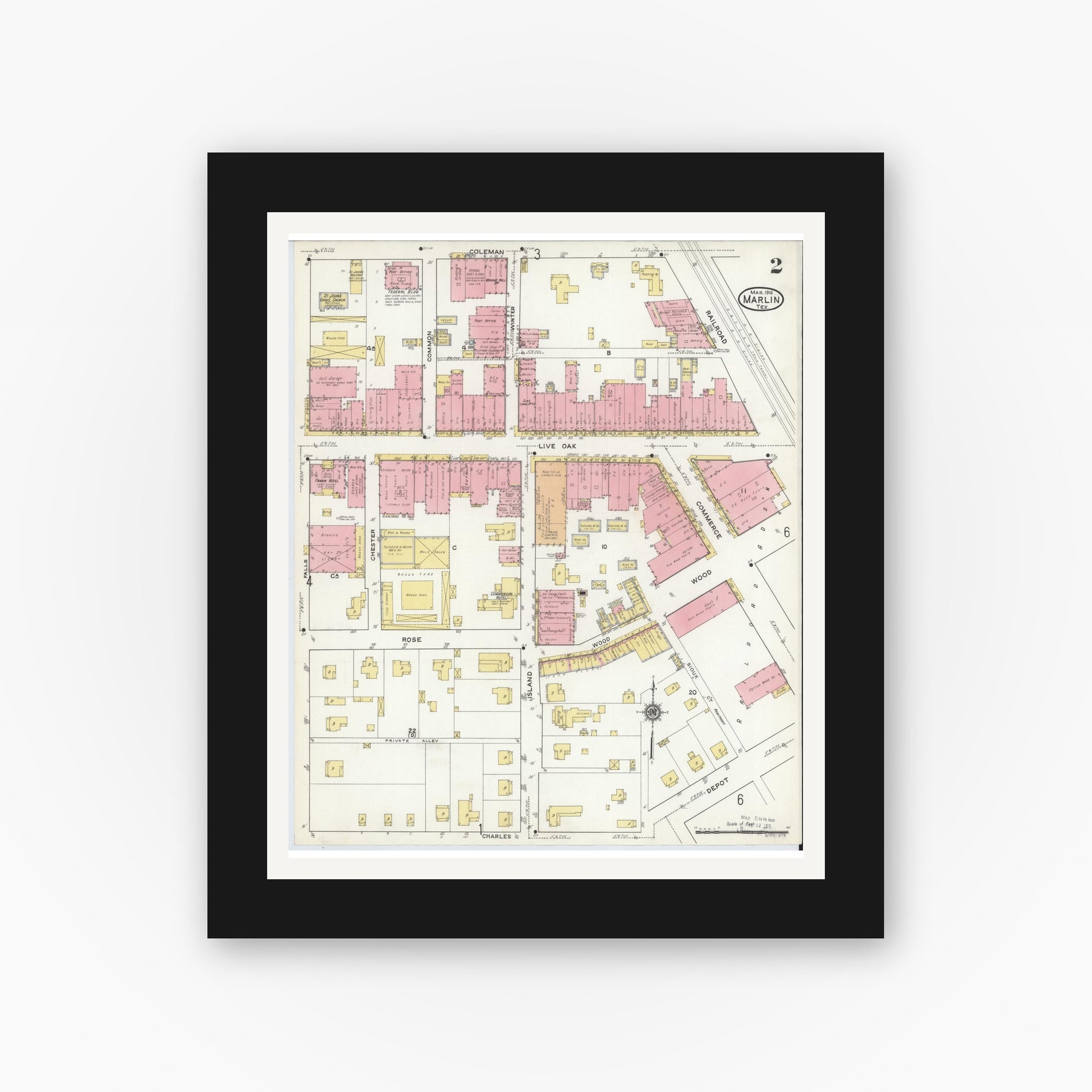 Old map wall art mockup — black gallery frame with white mat — Sanborn Fire Insurance Map from Marlin, Falls County, Texas (1916), Sheet #0002