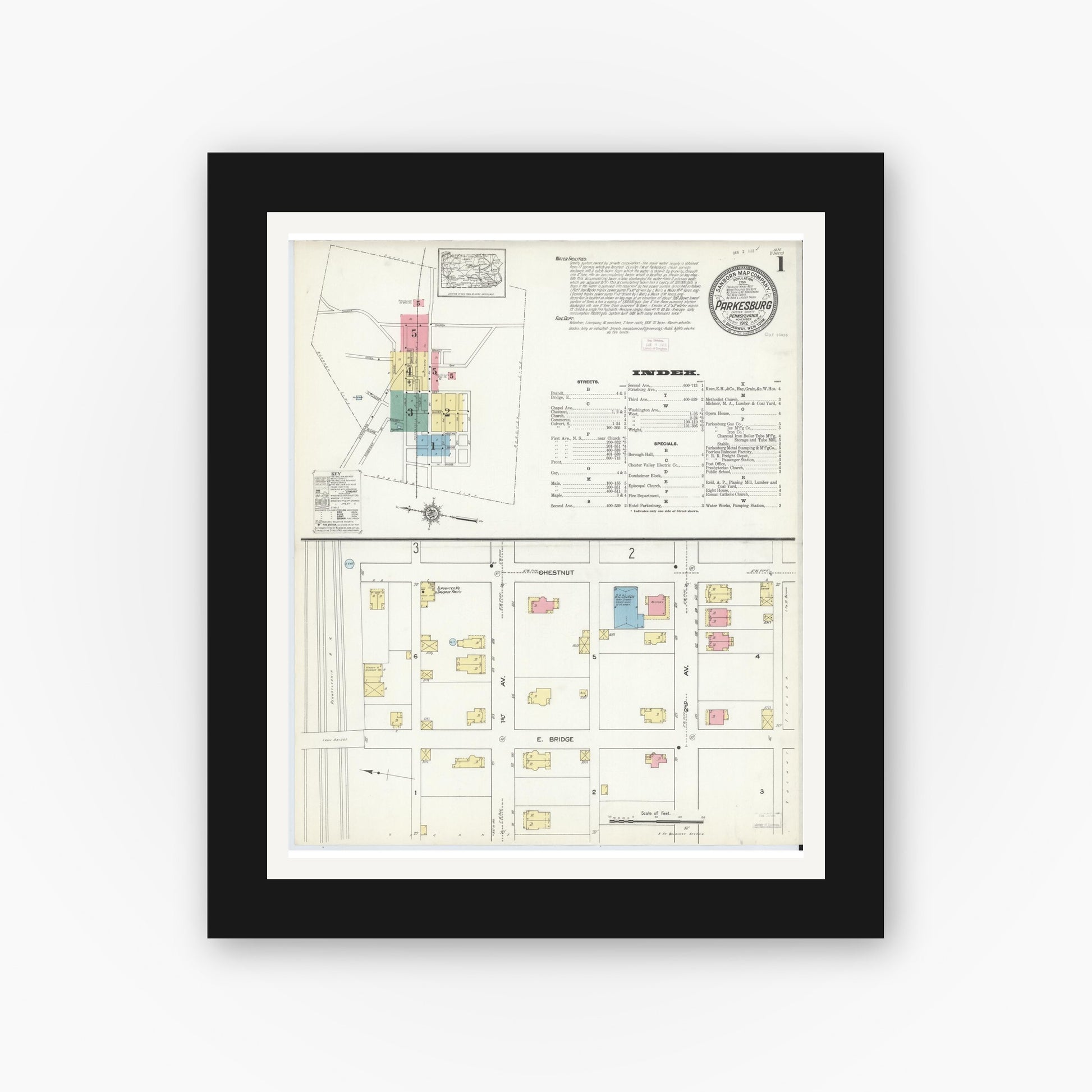 Old map wall art mockup — black gallery frame with white mat — Sanborn Fire Insurance Map from Parkesburg, Chester County, Pennsylvania (1912) - Complete Map Set