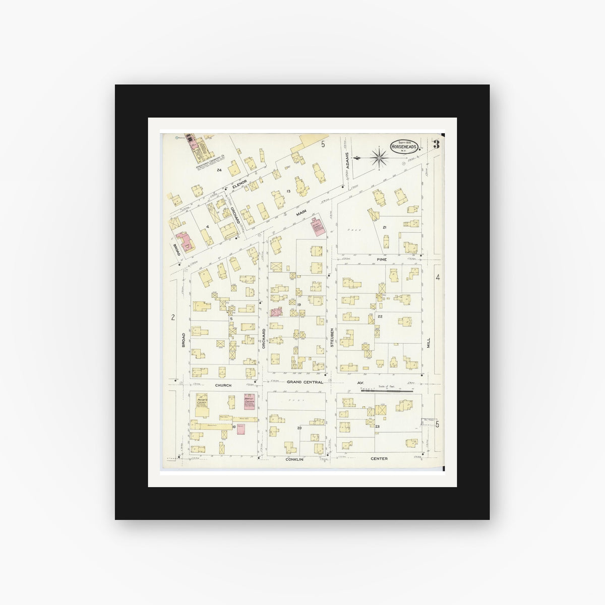 Old map wall art mockup — black gallery frame with white mat — Sanborn Fire Insurance Map from Horseheads, Chemung County, New York (1908), Sheet #0003