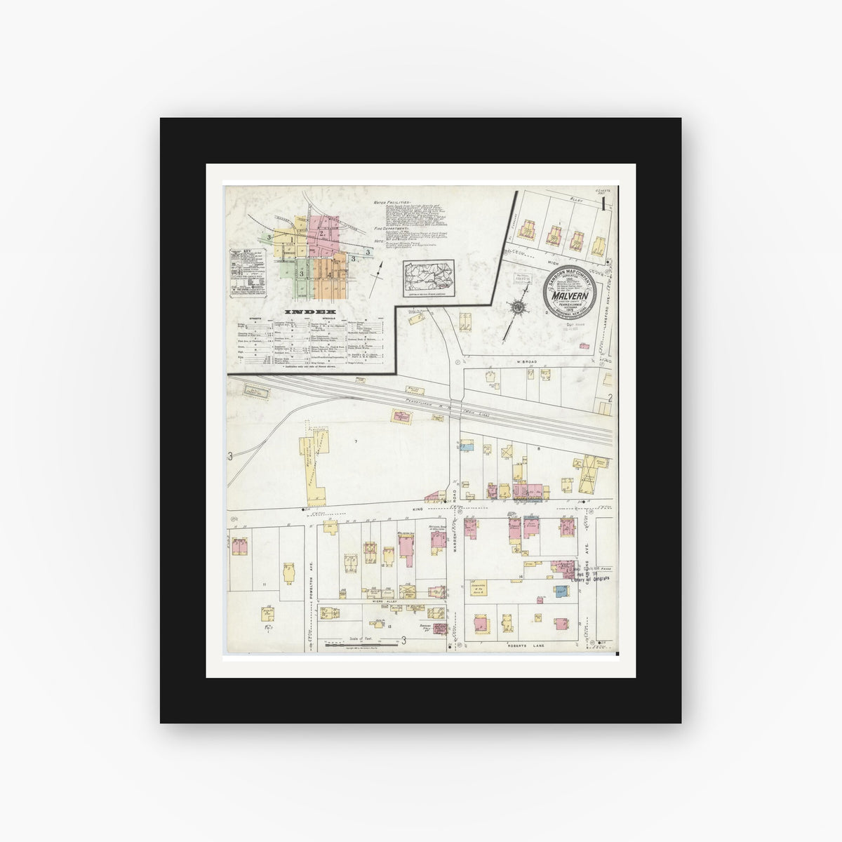 Old map wall art mockup — black gallery frame with white mat — Sanborn Fire Insurance Map from Malvern, Chester County, Pennsylvania (1919), Sheet #0001