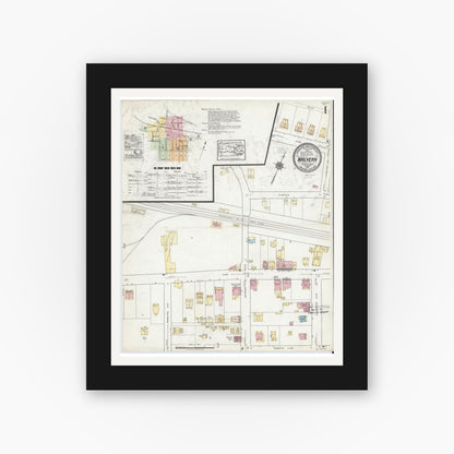 Old map wall art mockup — black gallery frame with white mat — Sanborn Fire Insurance Map from Malvern, Chester County, Pennsylvania (1919), Sheet #0001