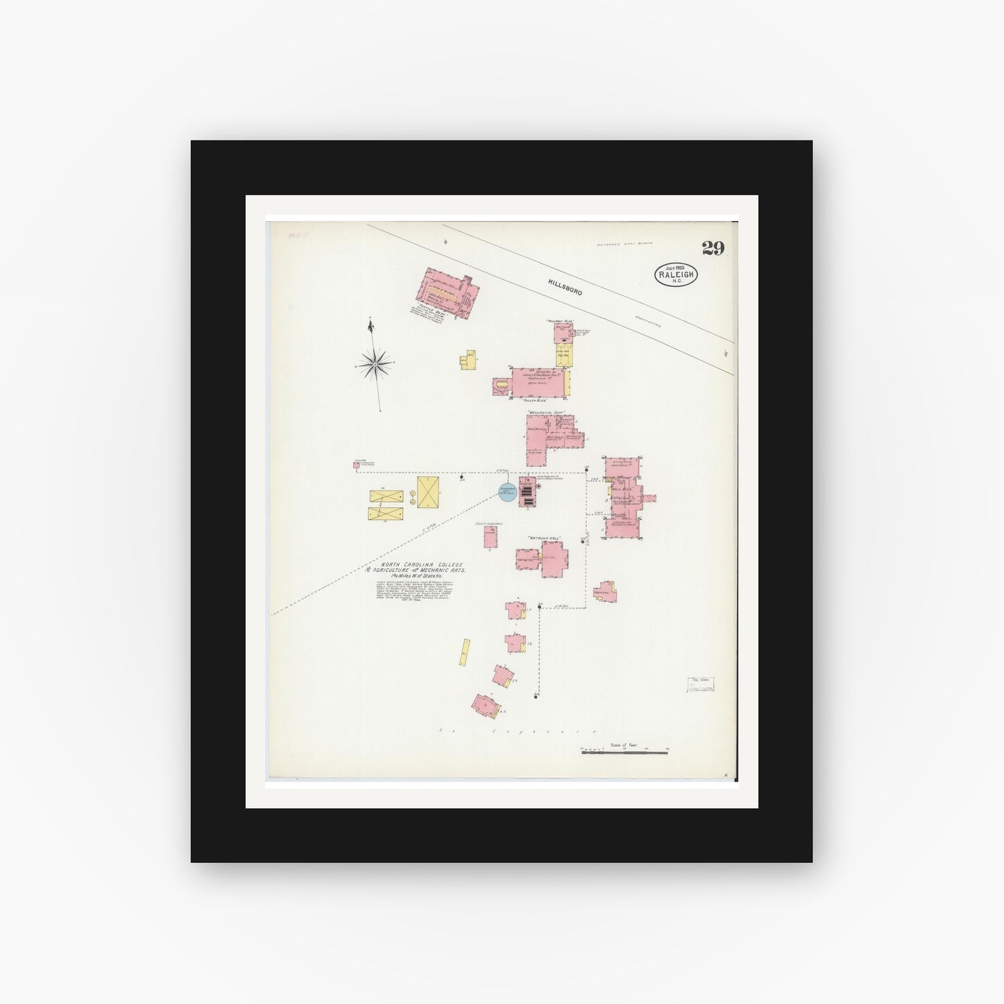 Old map wall art mockup — black gallery frame with white mat — Sanborn Fire Insurance Map from Raleigh, Wake County, North Carolina (1903), Sheet #0029