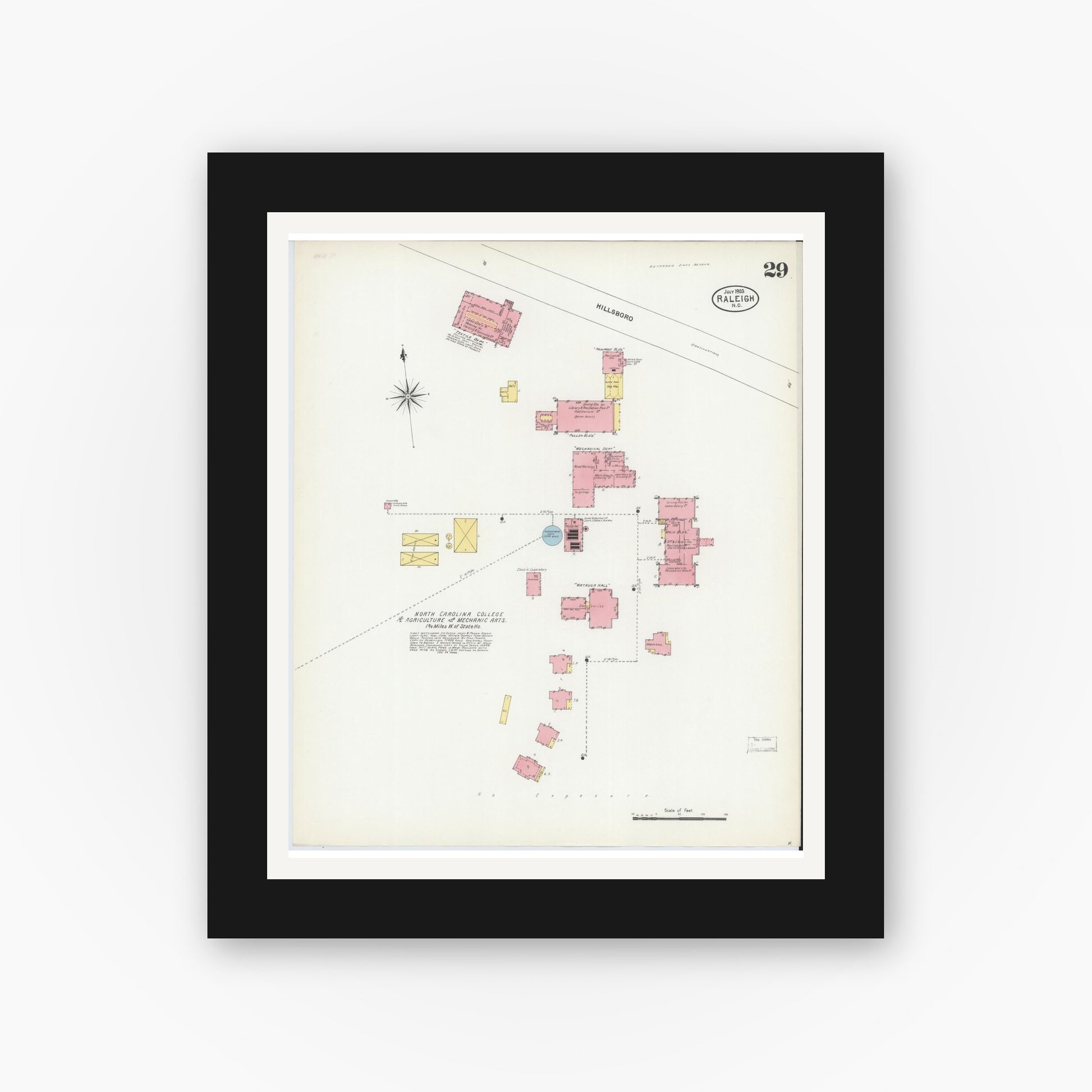 Old map wall art mockup — black gallery frame with white mat — Sanborn Fire Insurance Map from Raleigh, Wake County, North Carolina (1903), Sheet #0029