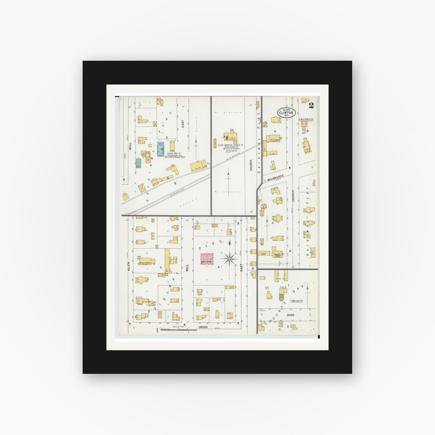 Old map wall art mockup — black gallery frame with white mat — Sanborn Fire Insurance Map from Clinton, Rock County, Wisconsin (1899), Sheet #0002
