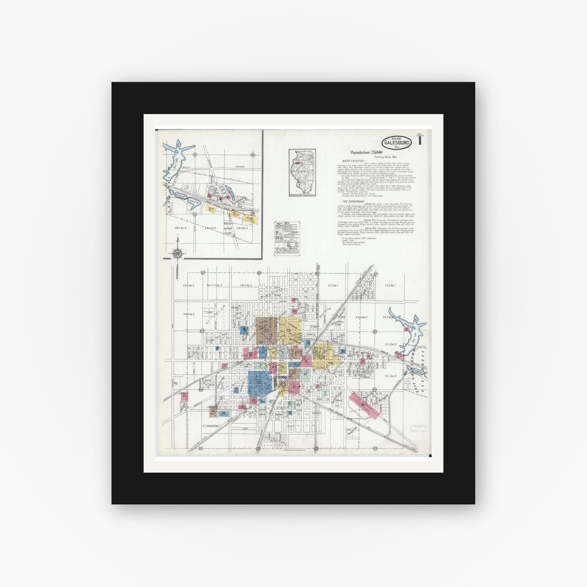 Old map wall art mockup — black gallery frame with white mat — Sanborn Fire Insurance Map from Galesburg, Knox County, Illinois (1918), Sheet #0001