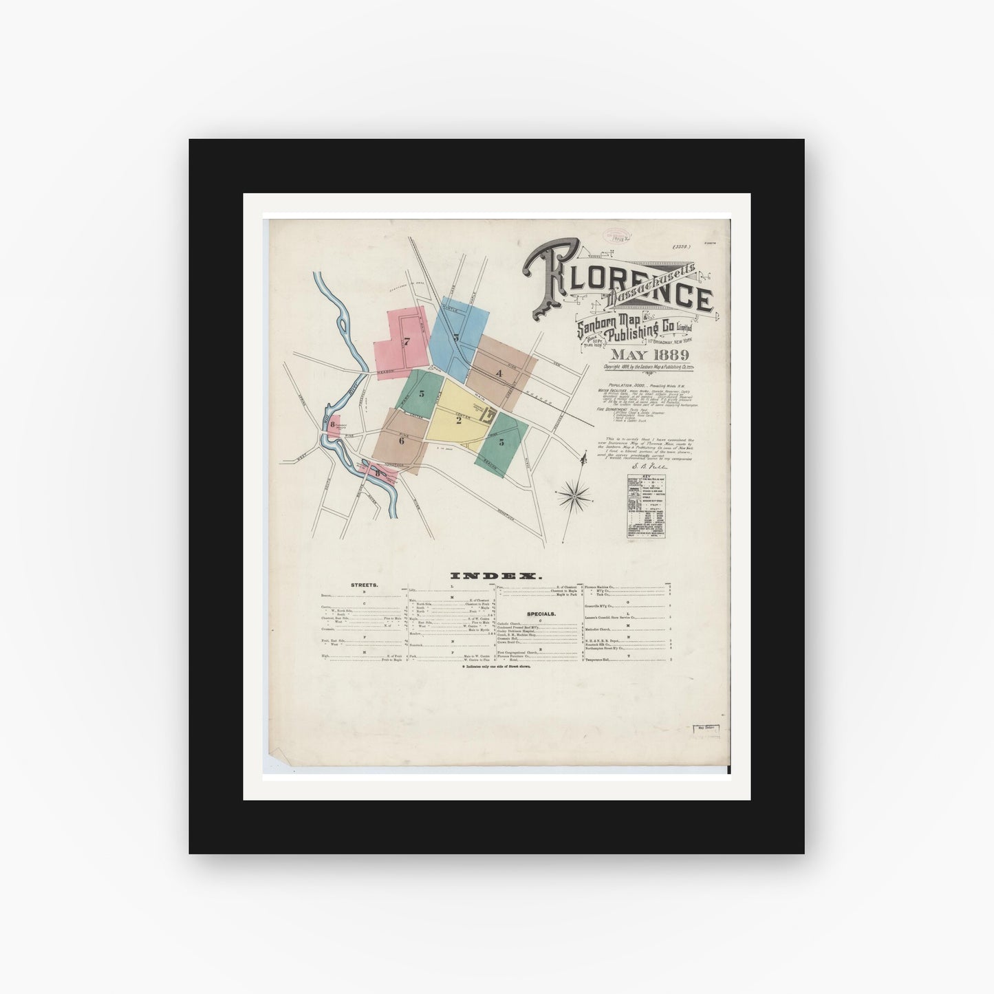Old map wall art mockup — black gallery frame with white mat — Sanborn Fire Insurance Map from Florence, Hampshire County, Massachusetts (1889) - Complete Map Set